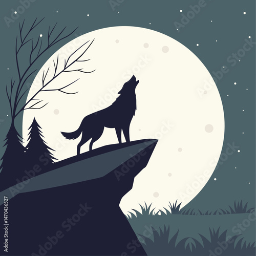 Dog silhouette howling on cliff with starry night sky