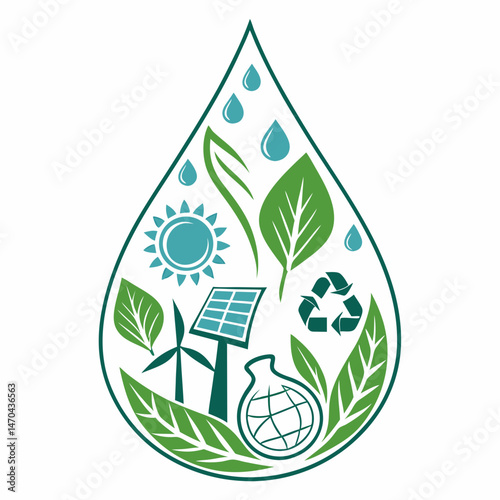 Eco-friendly drop icon merging with green energy symbols