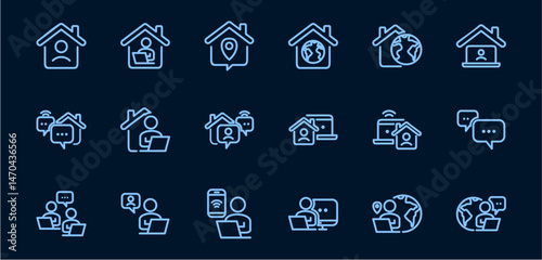 Remote Work Line Icons . Freelancer Work from Home, Video Call, Online Meeting, Teleconference Vector Set