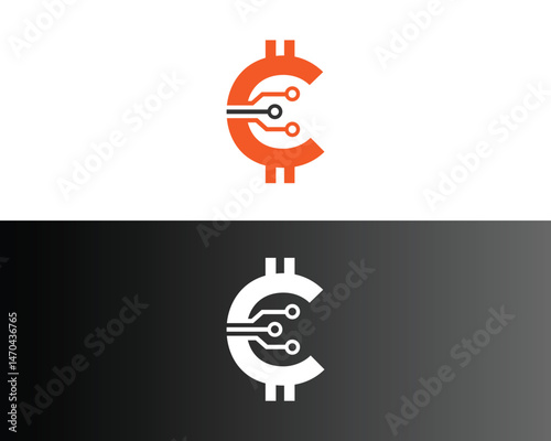 Digital currency logo vector template with circuit design in orange and white on white and black backgrounds