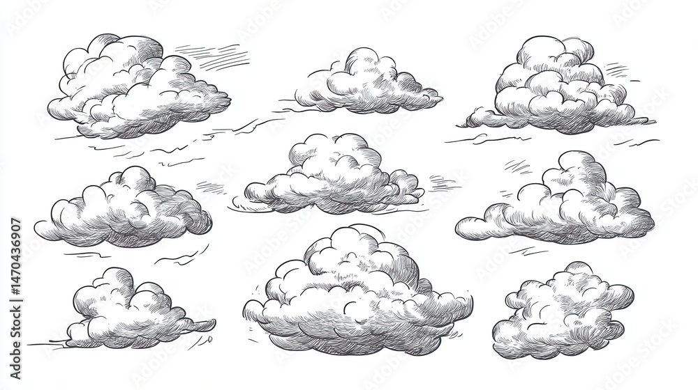 Fototapeta premium Sketch clouds. Hand drawn sky cloudscape. Outline sketching cloud vintage collection illustration , no logos, no brands