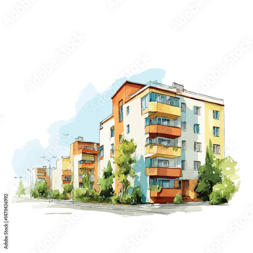 Building with a green tree in front of it. The building is tall and has a lot of windows