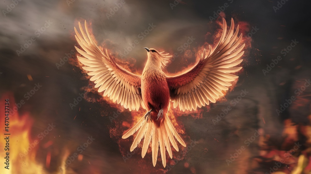 Obraz premium A majestic bird with fiery wings soaring through a dramatic, smoky backdrop.