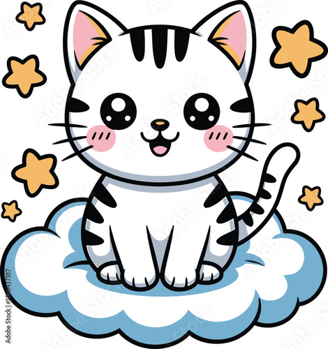 Adorable cartoon kitten sitting on a fluffy cloud surrounded by golden stars illustration
