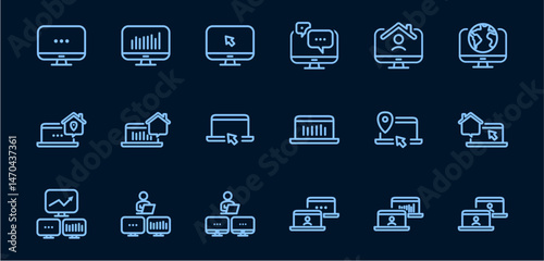 Remote Work Line Icons . Freelancer Work from Home, Video Call, Online Meeting, Teleconference Vector Set