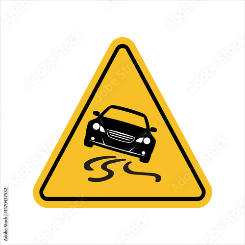 slippery road warning sign with car and skid marks inside yellow triangle indicating driving caution