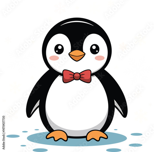 Adorable cartoon penguin wearing a bow tie standing on a patch of blue water