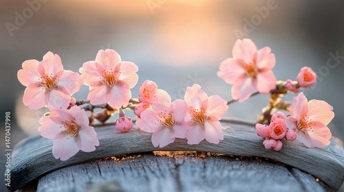 Delicate pink blossoms resting on weathered wood.
