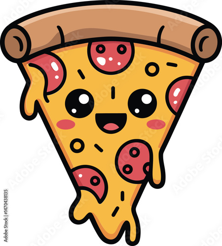 Adorable cartoon slice of pizza featuring pepperoni and smiling face illustration