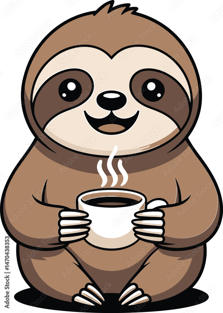 Fototapeta premium Adorable cartoon sloth holding a coffee cup and smiling with a cozy happy mood