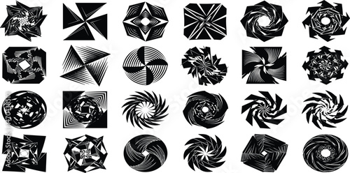 Postmodern abstract geometric graphic elements, Refraction and distortion glass effect various form, Brutalist vector shapes, trendy retro design symbols in Y2K aesthetics, vintage