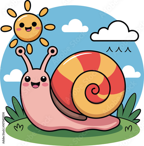 Adorable cartoon snail smiling in a sunny day with sky and green grass illustration