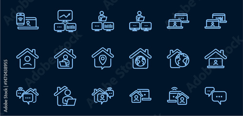 Remote Work Line Icons . Freelancer Work from Home, Video Call, Online Meeting, Teleconference Vector Set