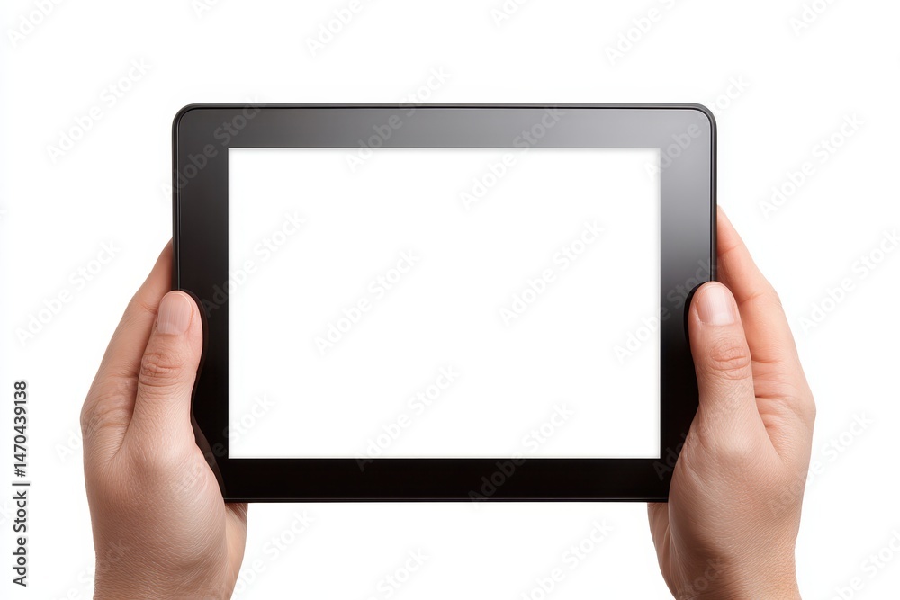 A person holds a blank tablet, ready for display or interaction, set against a clean white background A person holds a blank tablet, ready for display or interaction, set against a clean white background