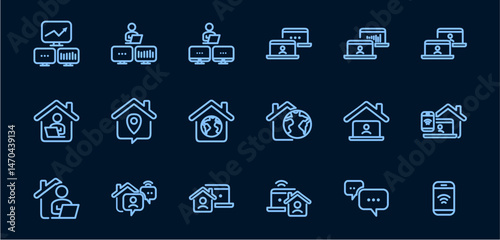 Remote Work Line Icons . Freelancer Work from Home, Video Call, Online Meeting, Teleconference Vector Set