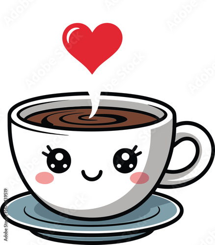 Adorable coffee cup with steam heart design cute kawaii cafe themed illustration graphics