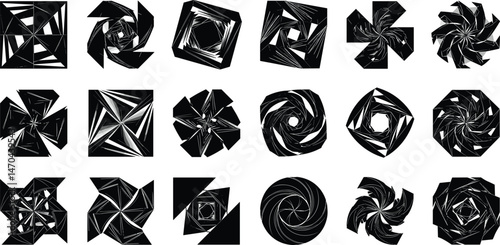 Postmodern abstract geometric graphic elements, Refraction and distortion glass effect various form, Brutalist vector shapes, trendy retro design symbols in Y2K aesthetics, vintage