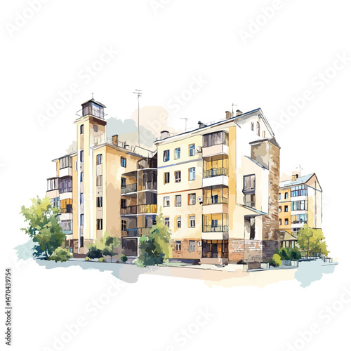 Building with a lot of windows and a balcony. The building is yellow. There is a tree in front of the building