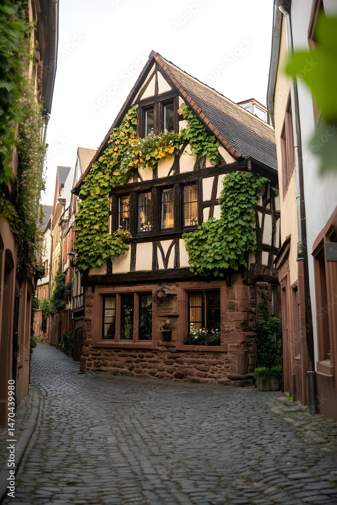 Naklejka premium Half-Timbered House in Alleyway, Quaint European Architecture for Travel Blog