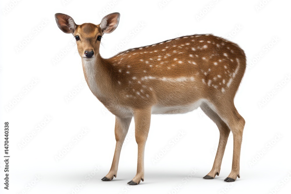 A graceful deer stands elegantly, showcasing its spotted coat and delicate features against a plain background A graceful deer stands elegantly, showcasing its spotted coat and delicate features against a plain background