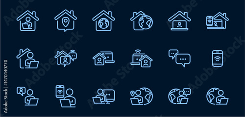 Remote Work Line Icons . Freelancer Work from Home, Video Call, Online Meeting, Teleconference Vector Set