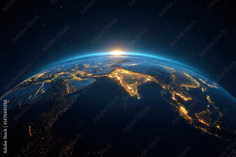 Fototapeta premium A stunning view of Earth from space, showcasing illuminated cities and a sunrise over the horizon, highlighting the planet's beauty and vastness