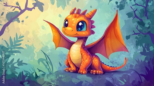 Cartoon dragon character with wings on a nature background