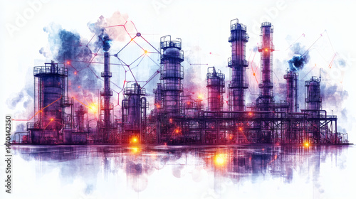 Industrial plant watercolor illustration