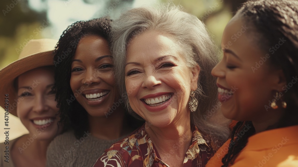 Fototapeta premium Diverse group of joyful middle aged women embracing and smiling outdoors