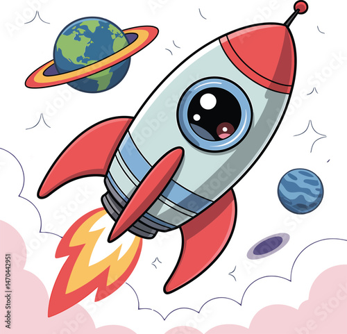 Cartoon rocketship in space with planets and colorful clouds flying through the universe