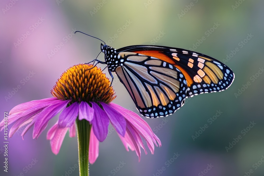Obraz premium A monarch butterfly rests delicately on a vibrant purple coneflower, its wings showcasing intricate patterns against a soft, blurred backdrop.
