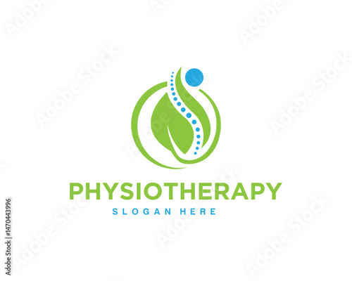 Physiotherapy logo vector template with spine and leaf design for clinic and healthcare
