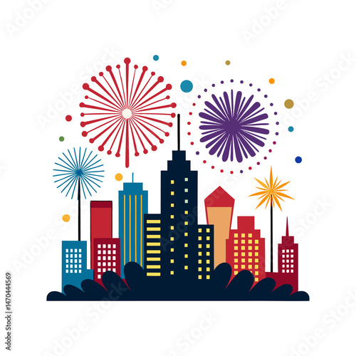 Fireworks Over City Skyline