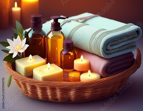 Ein kleiner Wellnesskorb mit Seifen, Handtüchern, Ölen und Kerzen – perfekte Geschenkidee für ruhige Momente.