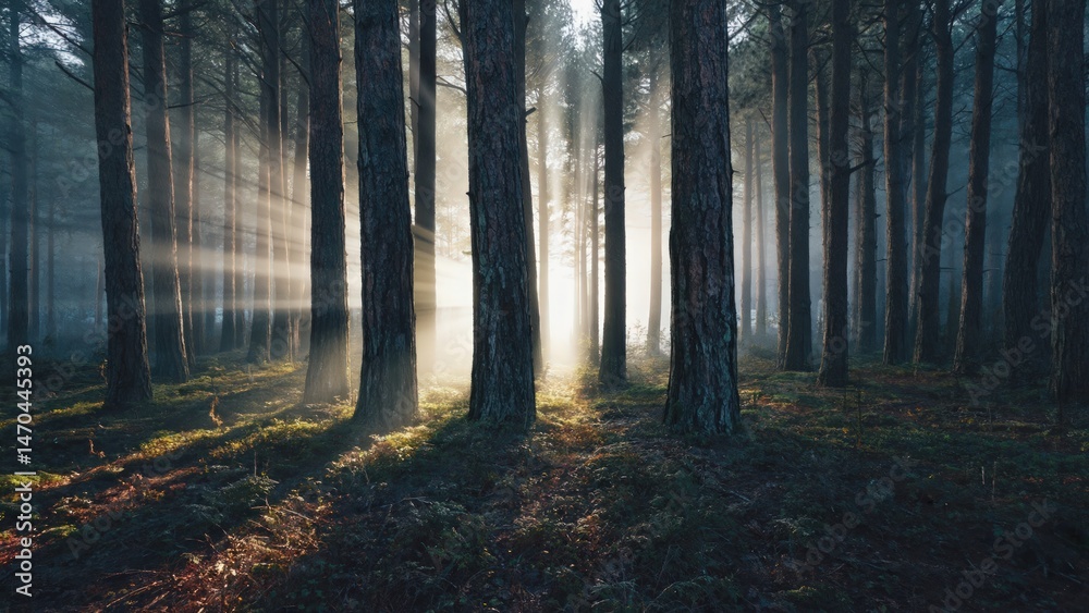 Obraz premium Sunlight streams through misty pine forest