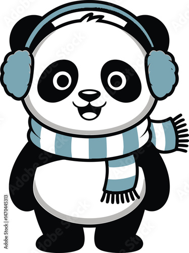 Cute cartoon panda bear wearing earmuffs and a striped scarf ready for winter