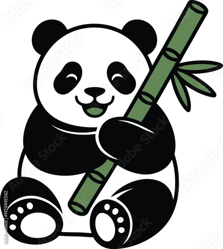 Cute cartoon panda holding bamboo sitting down with a smiling face and cheerful expression