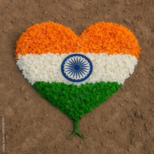 Heart-shaped Indian flag made of flower petals placed on soil. A symbolic tribute expressing deep patriotism, cultural pride, and love for the homeland through natural and national elements