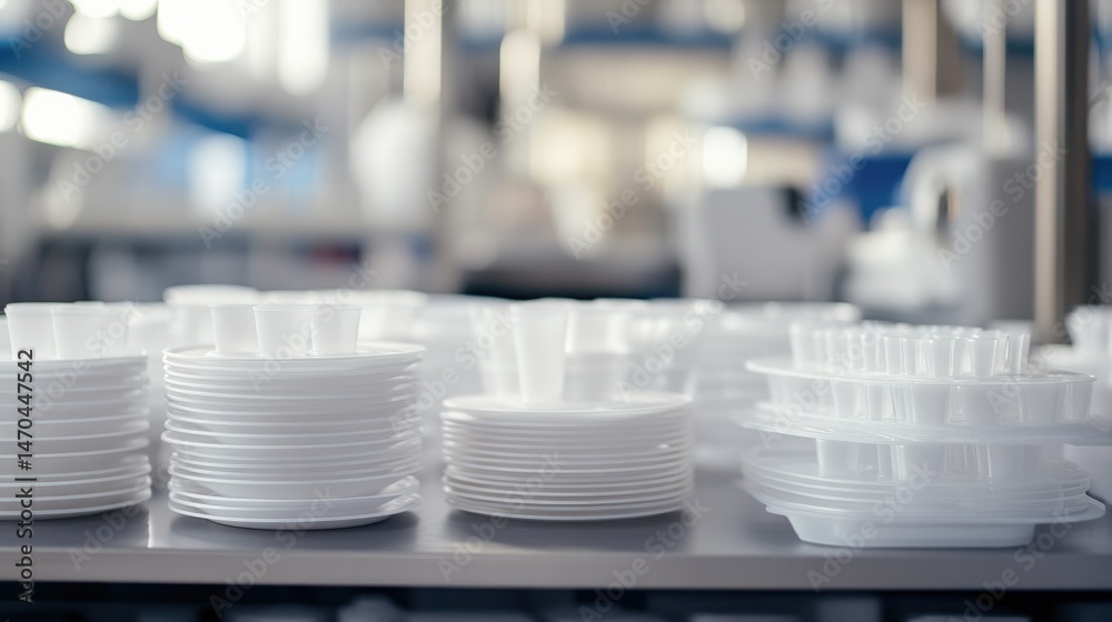Stacked white plates displayed in a structured environment Stacked white plates displayed in a structured environment