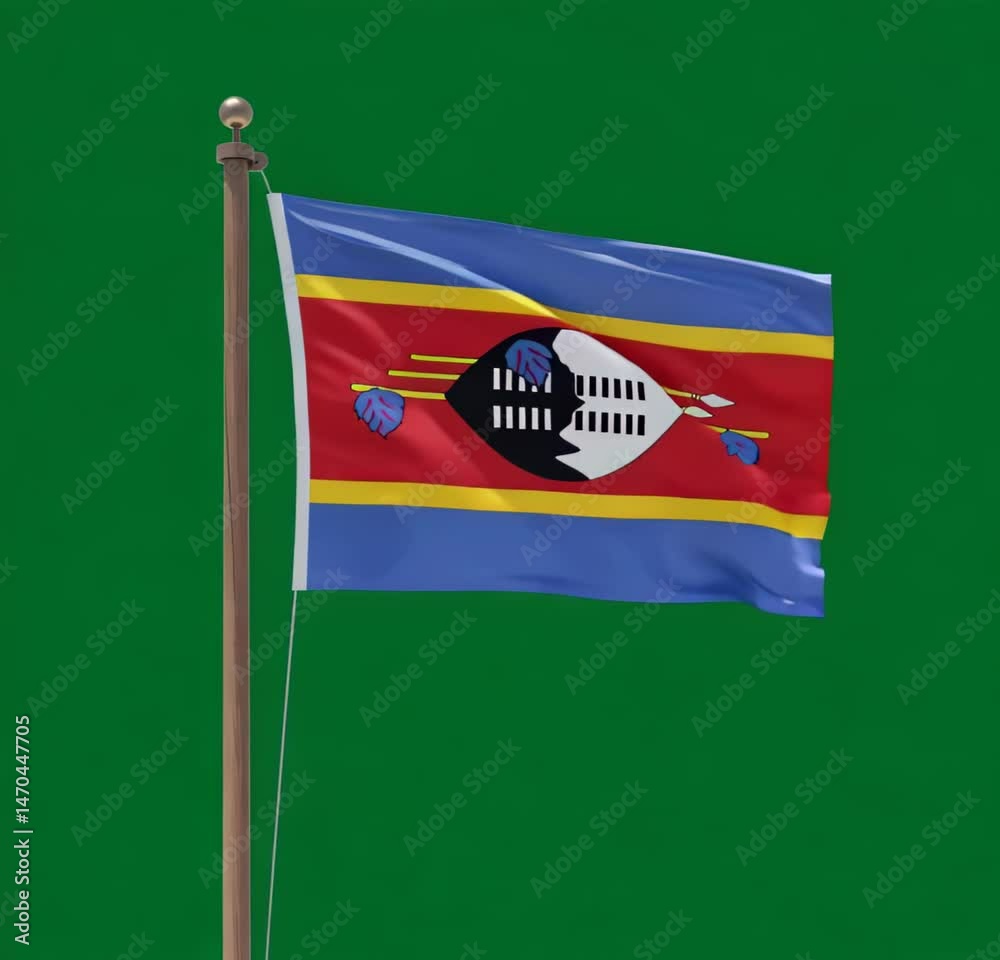 national flag of swaziland eswatini nation waving on the wind on greenscreen, chroma key background