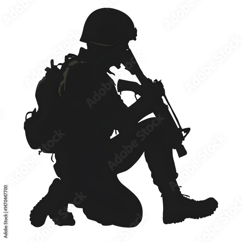 Soldier silhouette kneeling with helmet and gun isolated on transparent background