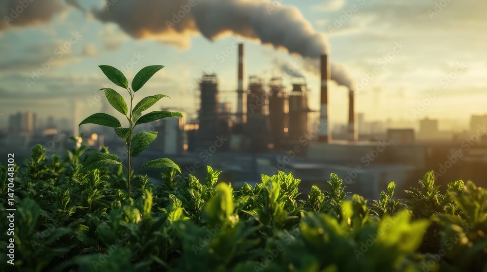 Obraz premium carbon emissions goals industrial smokestack concept. Green plant in foreground with industrial smokestacks in the background.