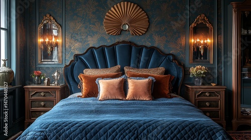 Elegant art deco bedroom featuring fan-shaped headboard and velvet bedding high resolution picture