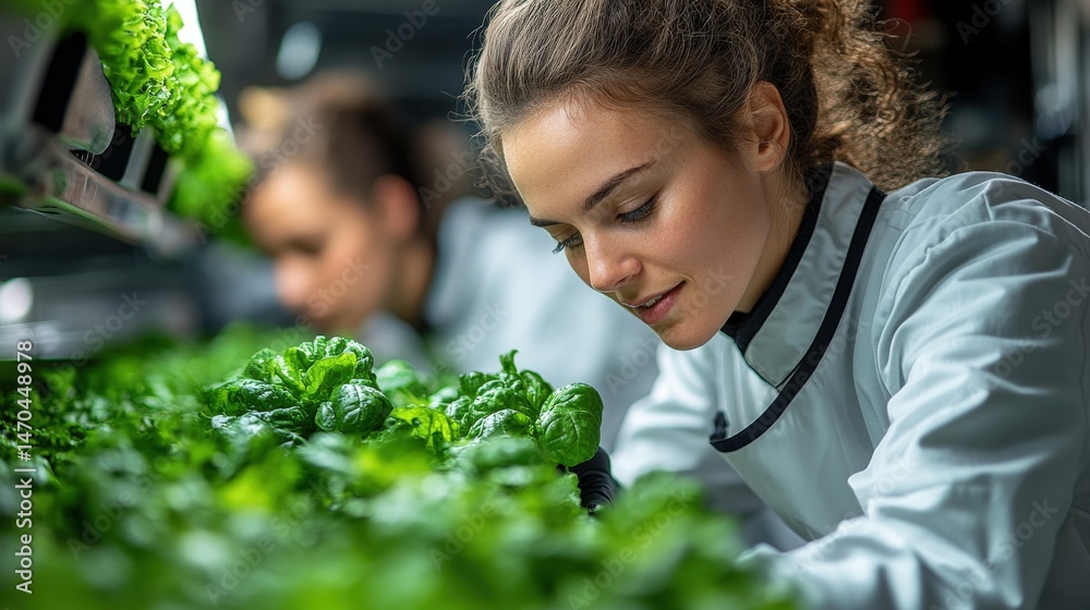 Obraz premium Young women tending to vibrant green spinach plants in a modern greenhouse setting