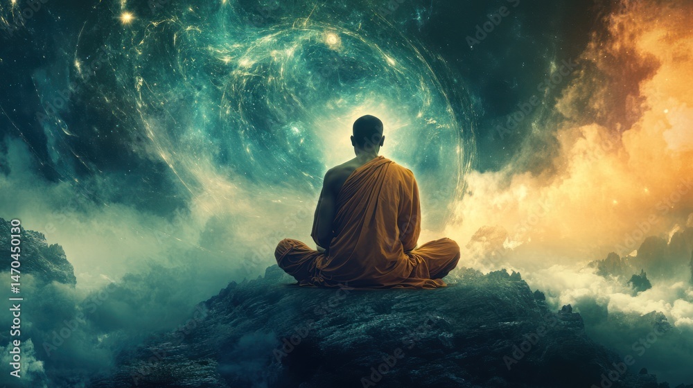 Obraz premium A meditating figure amidst a cosmic landscape.