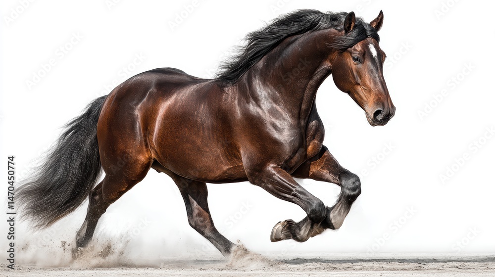 Obraz premium A majestic brown horse with a shiny coat walks forward, exuding strength, elegance, isolated on a white background