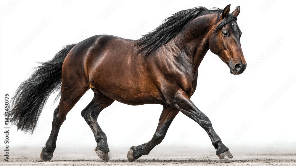 Obraz premium A majestic brown horse with a shiny coat walks forward, exuding strength, elegance, isolated on a white background