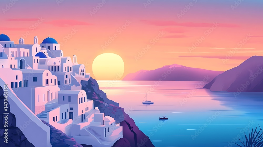 Fototapeta premium Santorini Sunset with Aegean Sea Village.