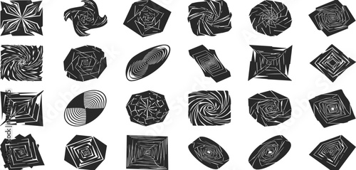 Postmodern abstract geometric graphic elements, Refraction and distortion glass effect various form, Brutalist vector shapes, trendy retro design symbols in Y2K aesthetics, vintage stickers