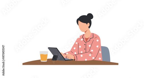 Woman working on tablet with beverage on a modern desk  